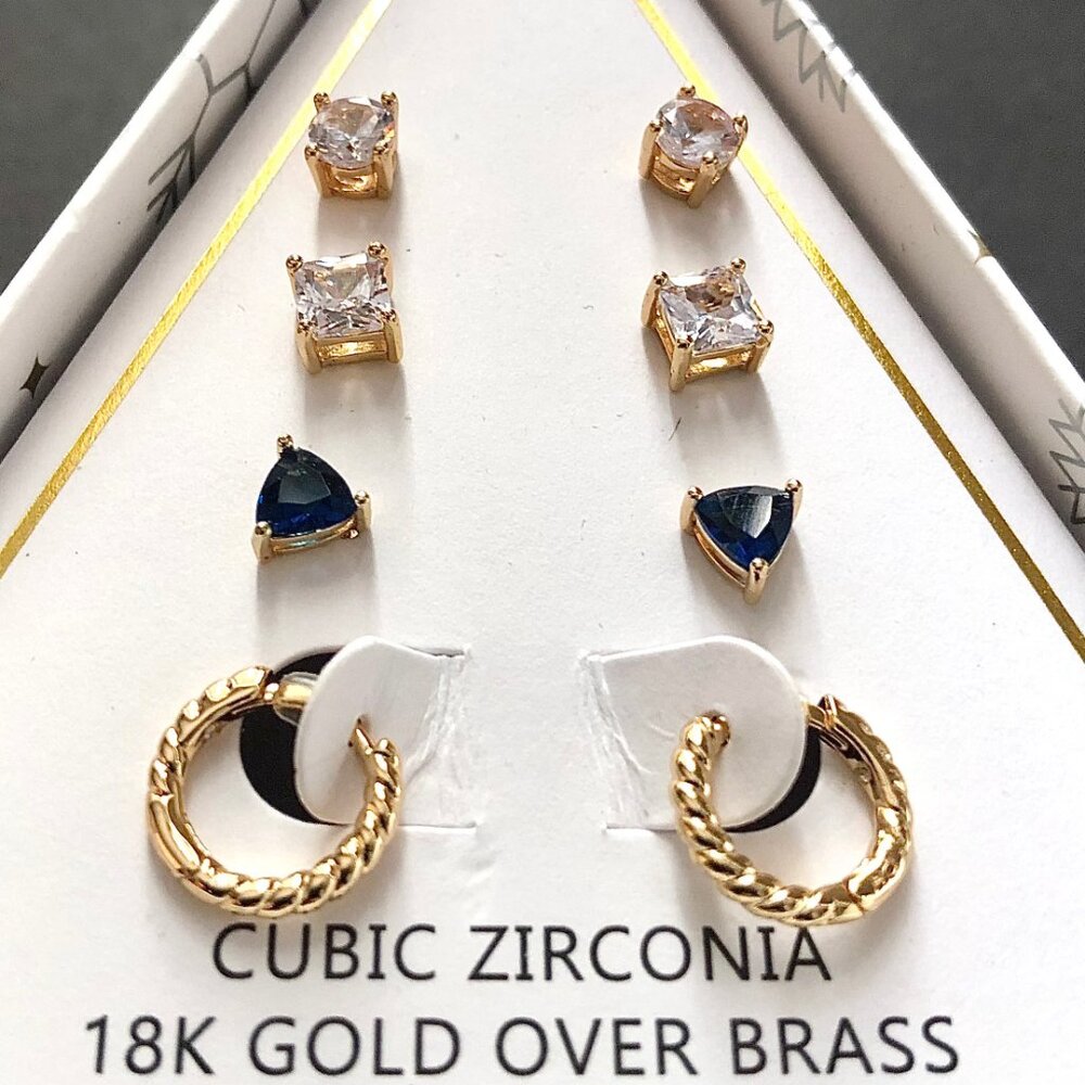 4 Earring Set Stud Hoop Cubic Zirconia 18K Gold Plated Brass by And Now This - Picture 10 of 10